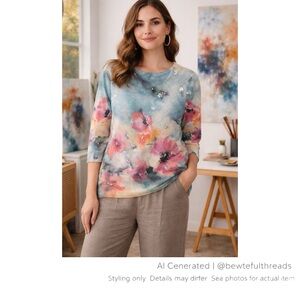 Watercolour Floral Knit Sweater XL Art Teacher Gallery Core Top